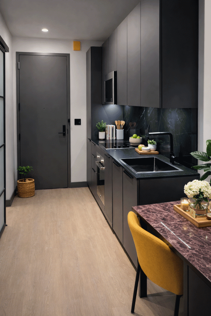 Sleek galley kitchen with black cabinetry, marble backsplash, and a mustard chair at a dining counter