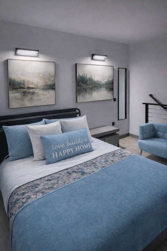 Bedroom with blue and gray bedding, framed nature artwork, wall sconces, and a blue accent chair