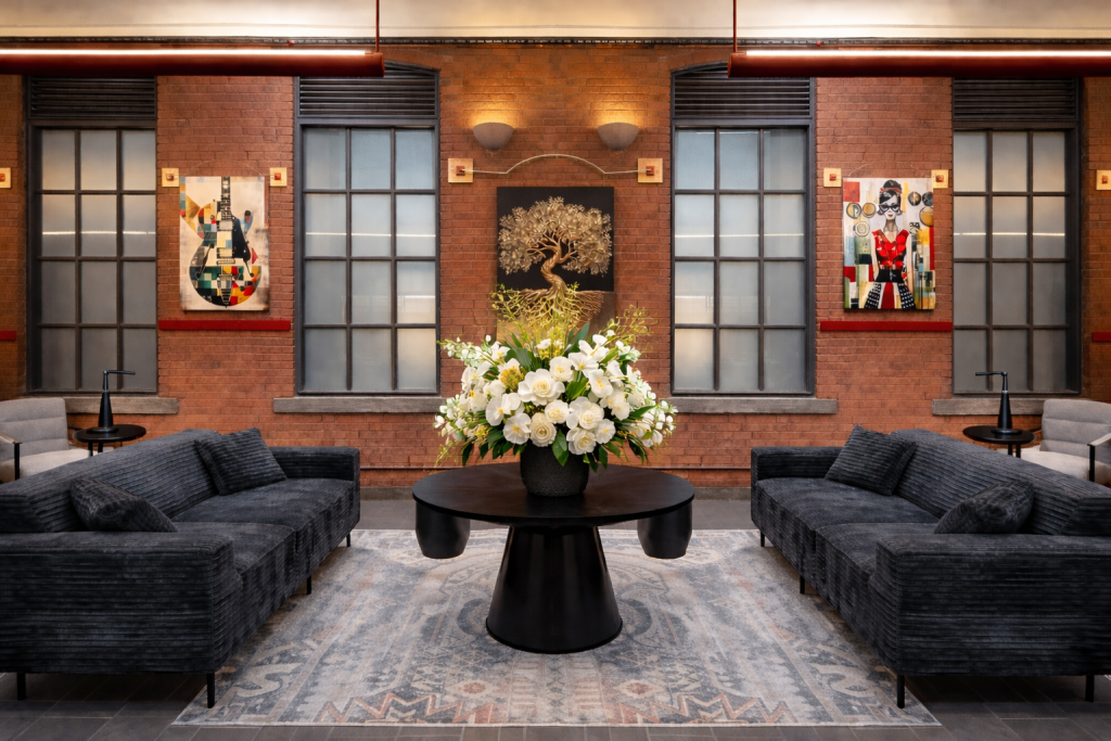 Industrial-style lounge with two dark sofas, a round black coffee table, and exposed brick walls with art.